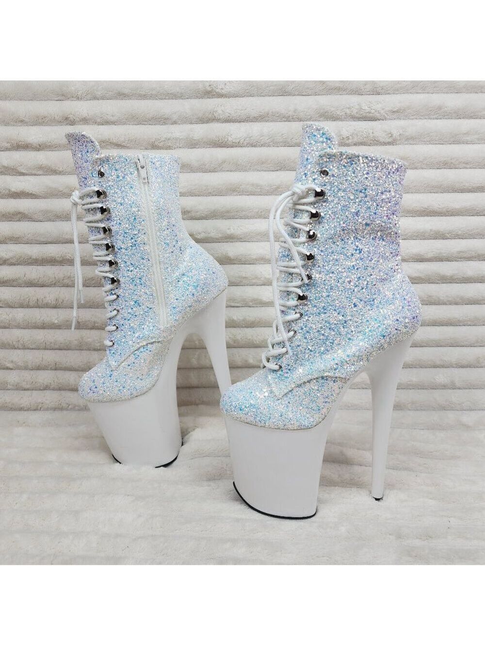 White Ice UV Glitter 8" Platform Heel Ankle Boots Flamingo - Picture 4 of 12
